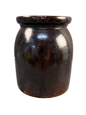 Antique Brown Glazed Stoneware Crock Jar | Primitive Albany Slip Kitchen Canist